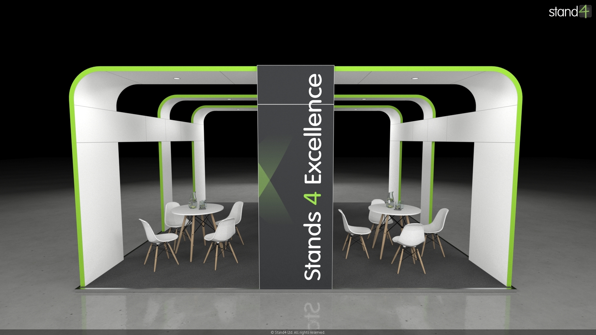 3D rendering of an open-plan exhibition stand with large arching overhead structures, a central support pillar featuring a wall-mounted digital screen, and two separate meeting spaces, each furnished with a round table and four chairs.